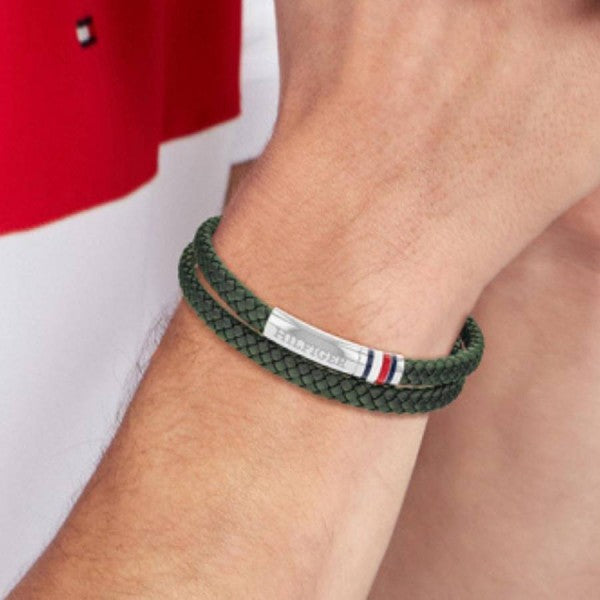 TOMMY HILFIGER grænt leður herraarmband